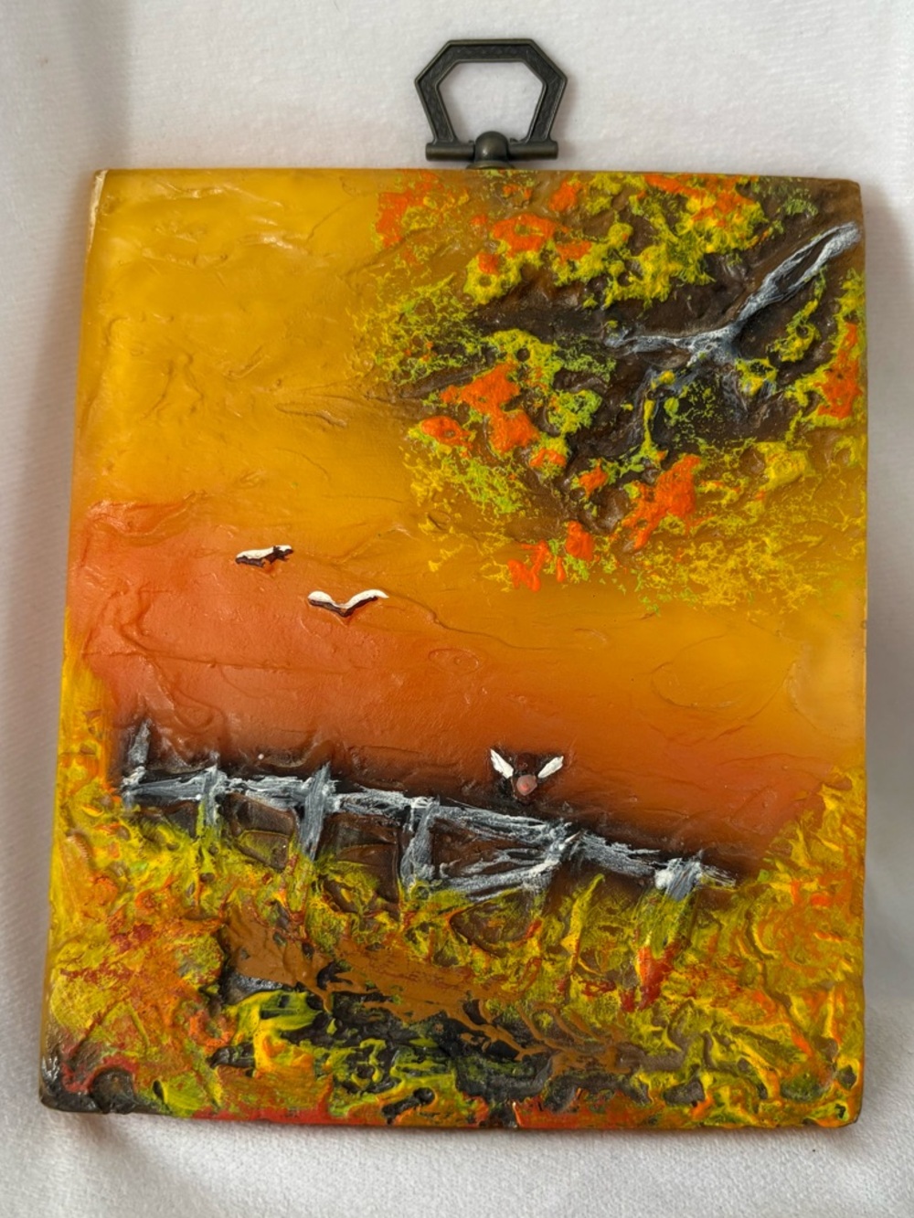 Vintage 70s landscape nature wall hanging art home decor yellow orange artwork